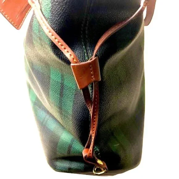 Black Watch Plaid Coated Canvas Leather Oversized Shoulder Bag Metal Feet